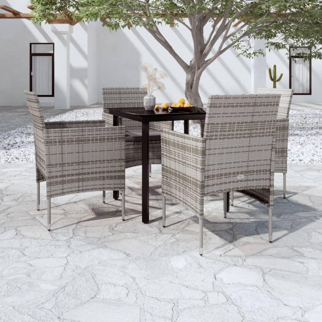 Garden Dining Set Gray PE Rattan, Powder-Coated Steel Frame, Glass Tabletop, 4 Chairs, Outdoor Patio Furniture for Balcony, 31.5x31.5x29.1 Inches