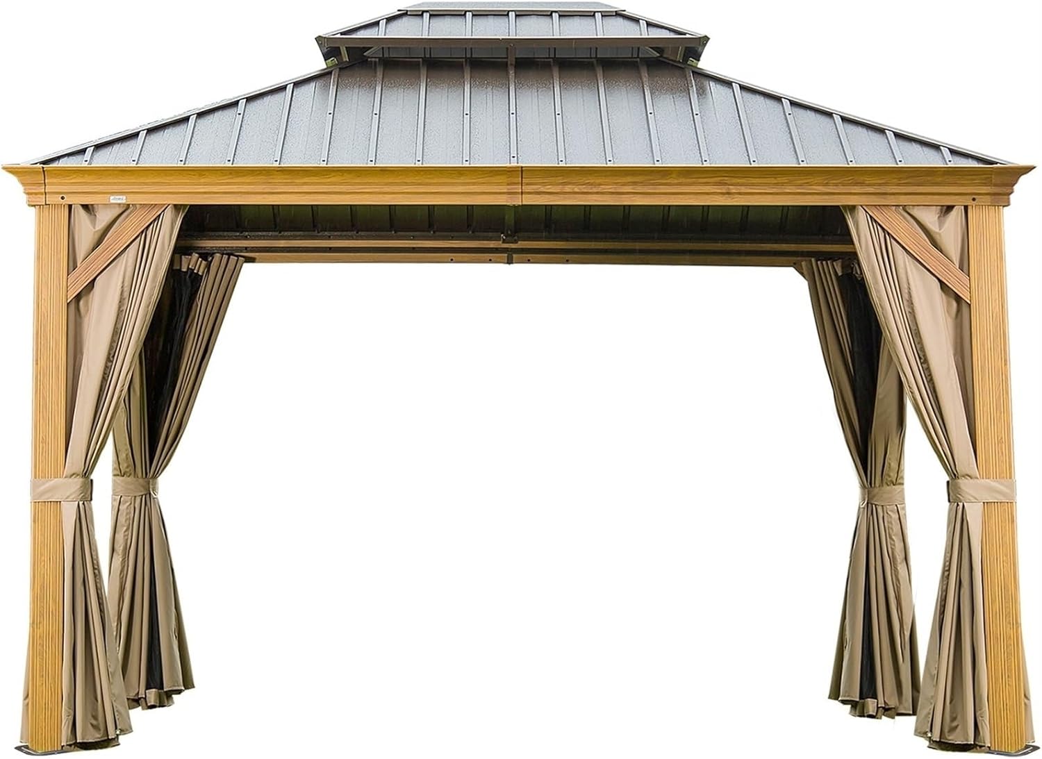 10'x12' Outdoor Hardtop Gazebo, Wooden Coated Aluminum Frame Canopy with Galvanized Steel Double Roof,Outdoor Permanent Metal Pavilion with Curtains and Netting for Patio, Deck and Lawn(Wood-Looking)