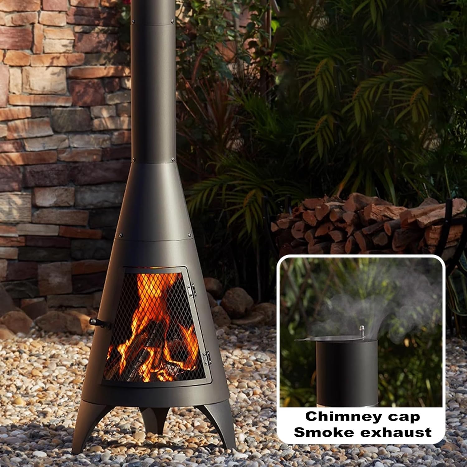 Outdoor Fireplace Outdoor Wood Burning Fire Pit Free Standing Fireplace with Log Grate Mesh Screen Wood Stove Rocket Stove for Patio Backyard Garden-Black(50x50x160cm)