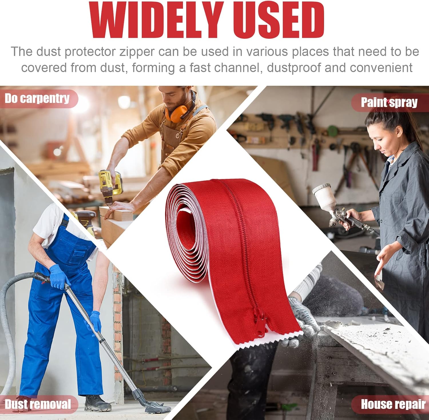 Tigeen 48 Roll Heavy Duty Zipper Door for Dust Barriers 7 ft x 3 Inch Self Adhesive Construction Zipper Door for Greenhouse Tent Accessories (Red)