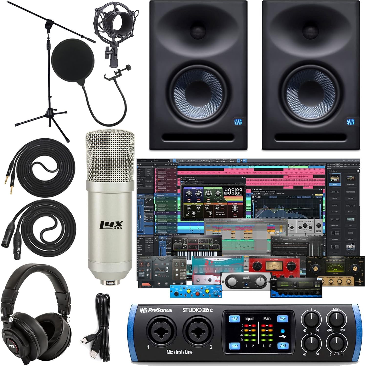 PreSonus Studio 24c 2x2 USB Type-C Audio/MIDI Interface with Eris E7 XT Pair 2-Way Studio Monitors with EBM Wave Guide Design and 1/4” Instrument Cable