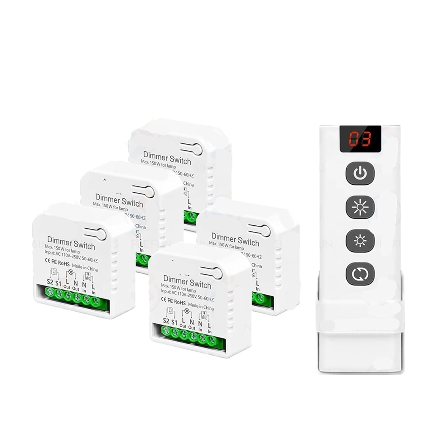 Dimmer Light Switch AC 110V 220V 230V 5 in 1 Remote Control(1Receiver 5Remote)