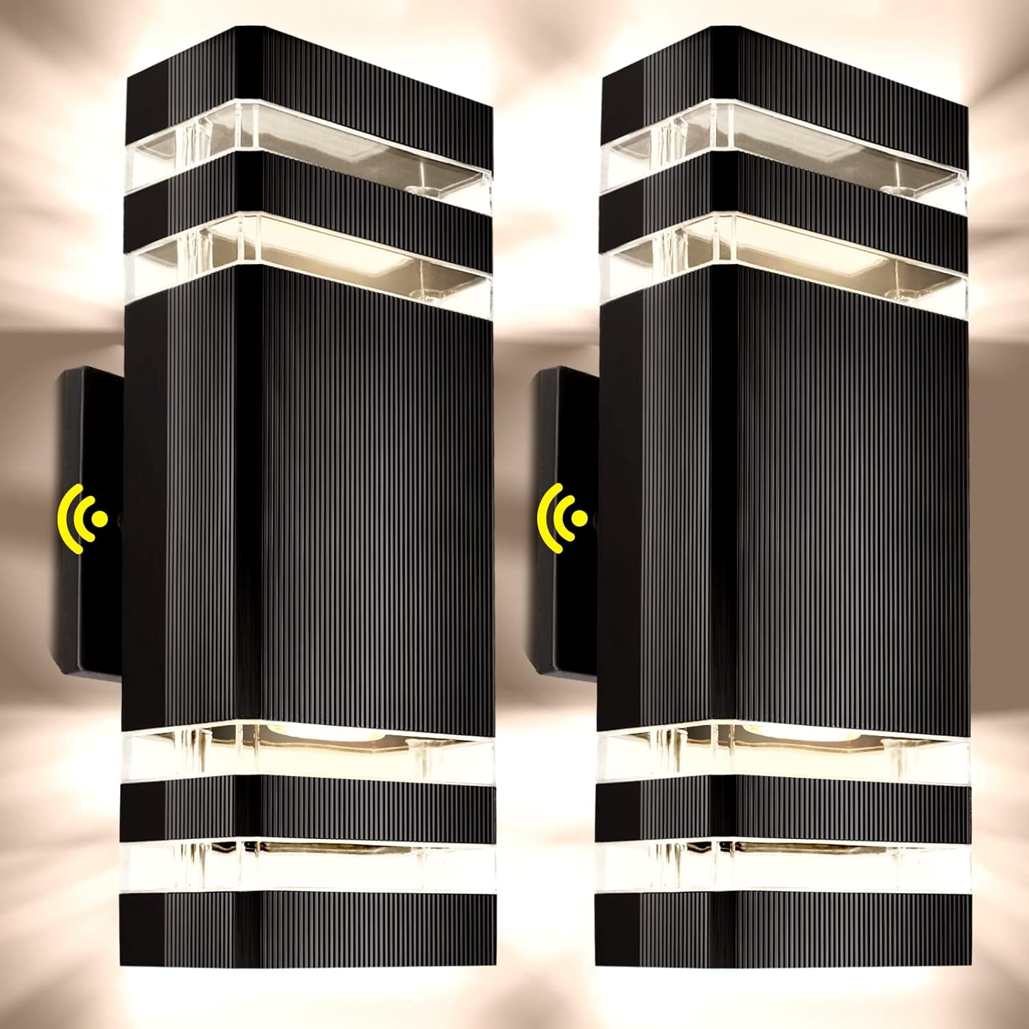 Outdoor Wall Light Dusk to Dawn, Exterior Sconce Lighting Fixture, Up and Down Porch Light Waterproof Aluminum Square PC and Tempered Glass Cover 3000k 7W 2Pack Black Certificate ETL