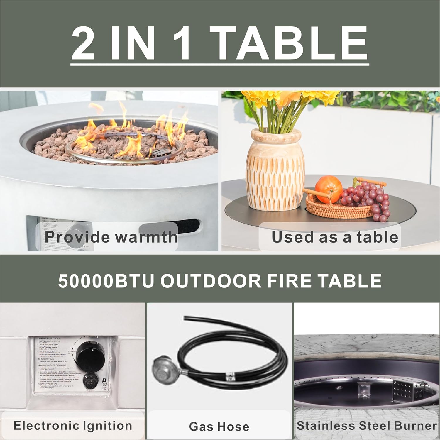 2 in 1 Outdoor Fire Table with 50000 BTU Burner, 36
