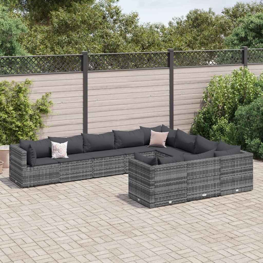 Furniture Sets 10 Piece Patio Sofa Set with Cushions Gray Poly Rattan,Rustic Rattan Patio Sofa Set with Comfortable Cushions and Durable Glass Tabletop Garden Conversation Sets