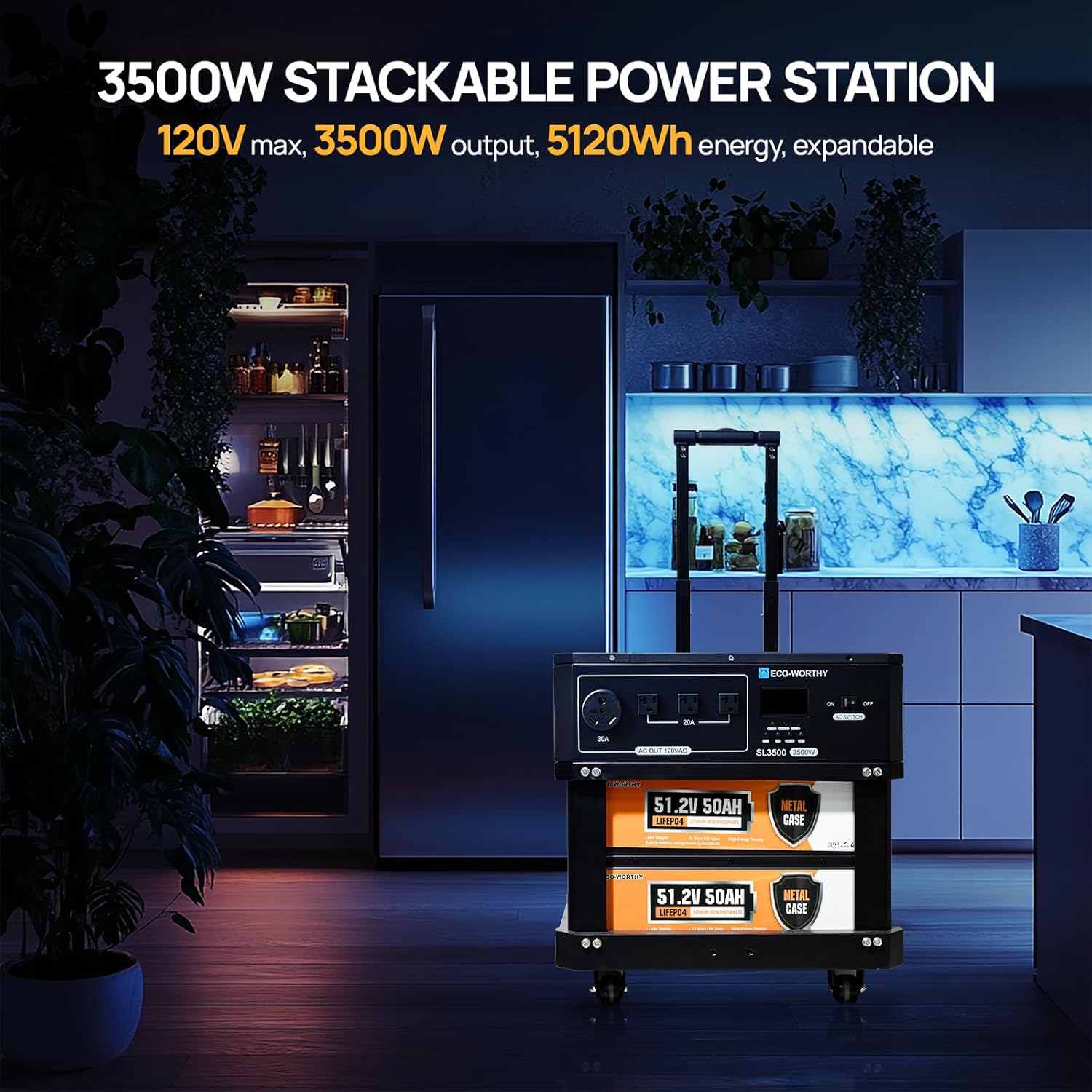ECO-WORTHY SL3500 Stackable Power Station Solar Inverter AC 3500W Output,5120Wh LiFePO4 Battery with BMS,Movable Portable Stand with Expandable Tiers for Home Backup,Emergency,Solar System Components