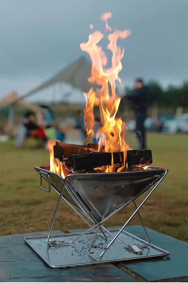 Portable Stainless Steel Outdoor Grill for Wood Burning Folding Fire Pit Camping Heater Charcoal Grill Bonfire Pit for Outdoor Use, Large Size: 15.75X15.75X14.17-inch