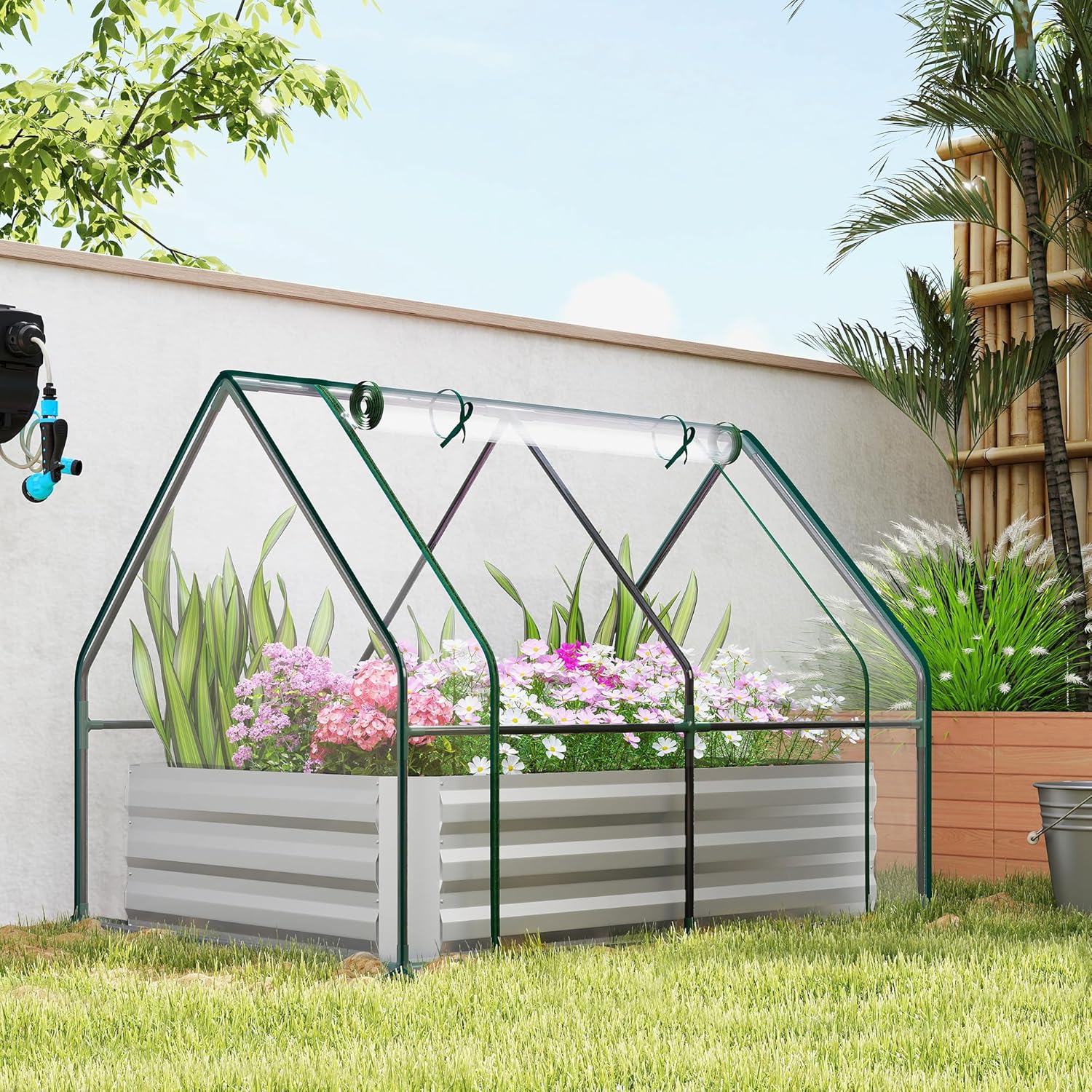 Outsunny 4 x 3 x 3ft Raised Garden Bed with Mini Greenhouse, Galvanized Raised Garden Bed with Cover for Herbs and Vegetables, Small Greenhouse for Patio Garden Balcony, Clear