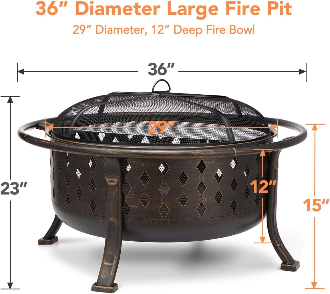 36 Inch Fire Pits for Outside Outdoor Wood Burning Firepit with BBQ Grate Large Heavy Duty Steel Firepit Bowl Bonfire Pit for Patio Backyard Garden Camping
