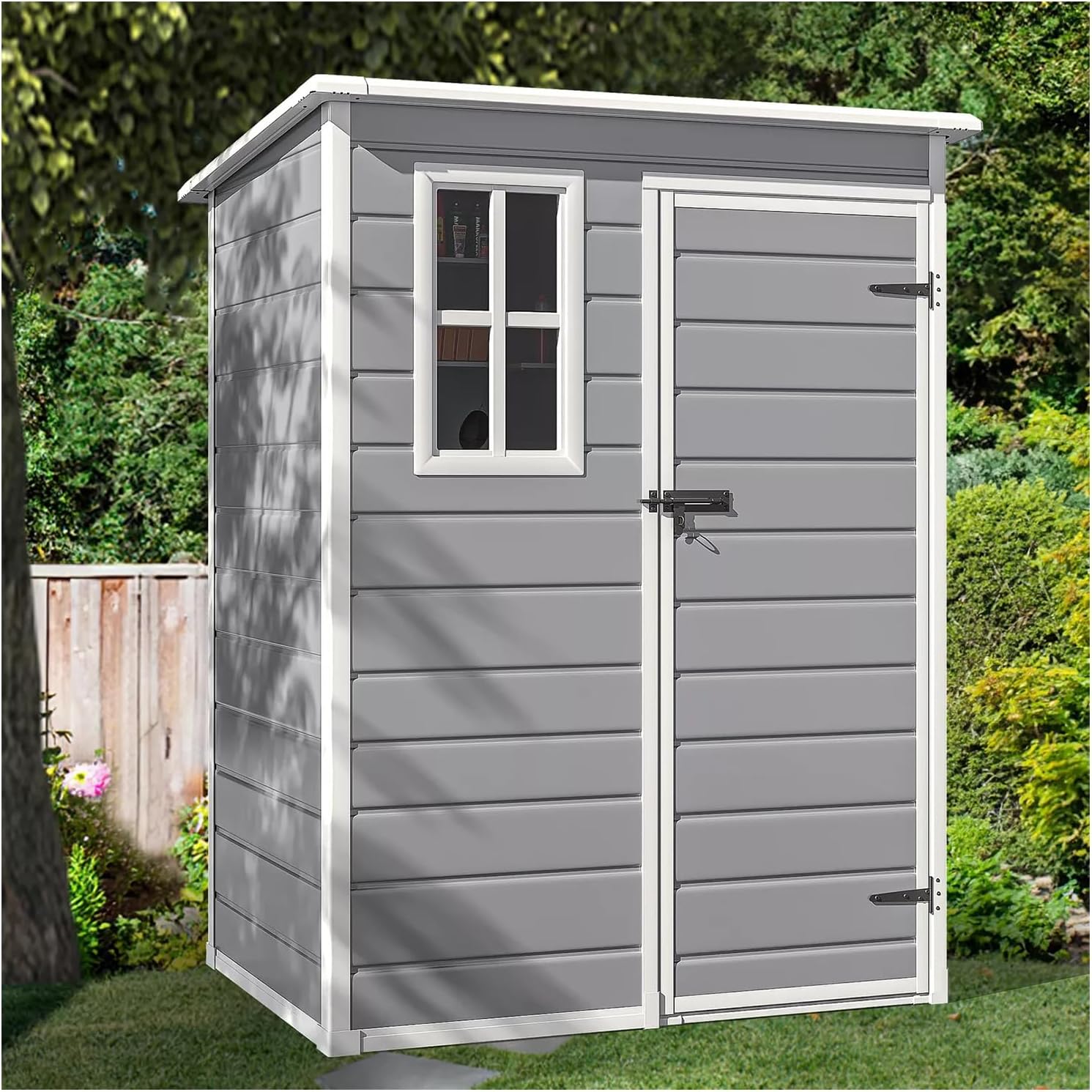 New Gray 5x3 FT Outdoor Storage Shed with Floor All Weather Advanced Thermoplastic Synthetic Resin Lockable Window Cuft Door Single Patio Tool House Garden 12 mm. Thick Double 59.4