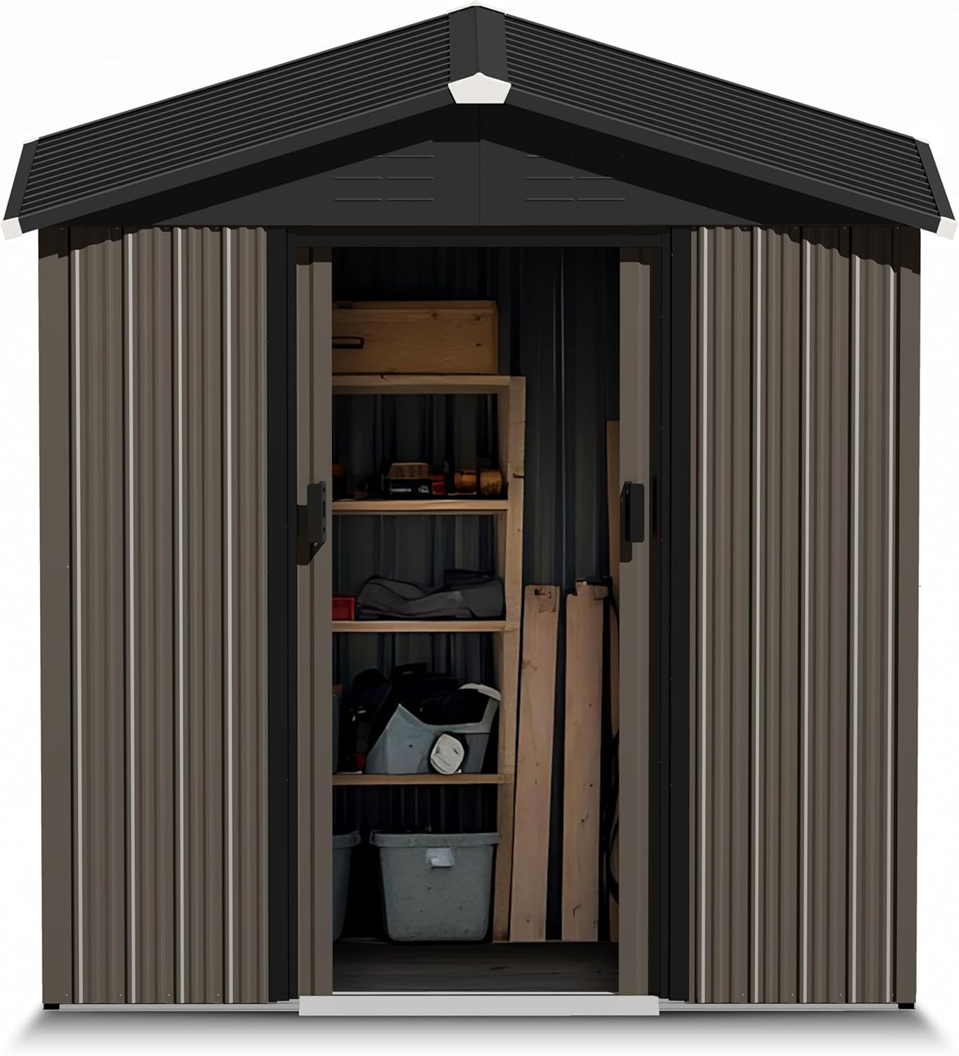 Nuu Garden 6 x 4 FT Garden Storage Shed with Sliding Doors, Galvanized Sheet Tool Shed with Sloping Roof, Anti-Corrosion Garden Shed with Air Vents for Backyard Patio Lawn, Black and Brown