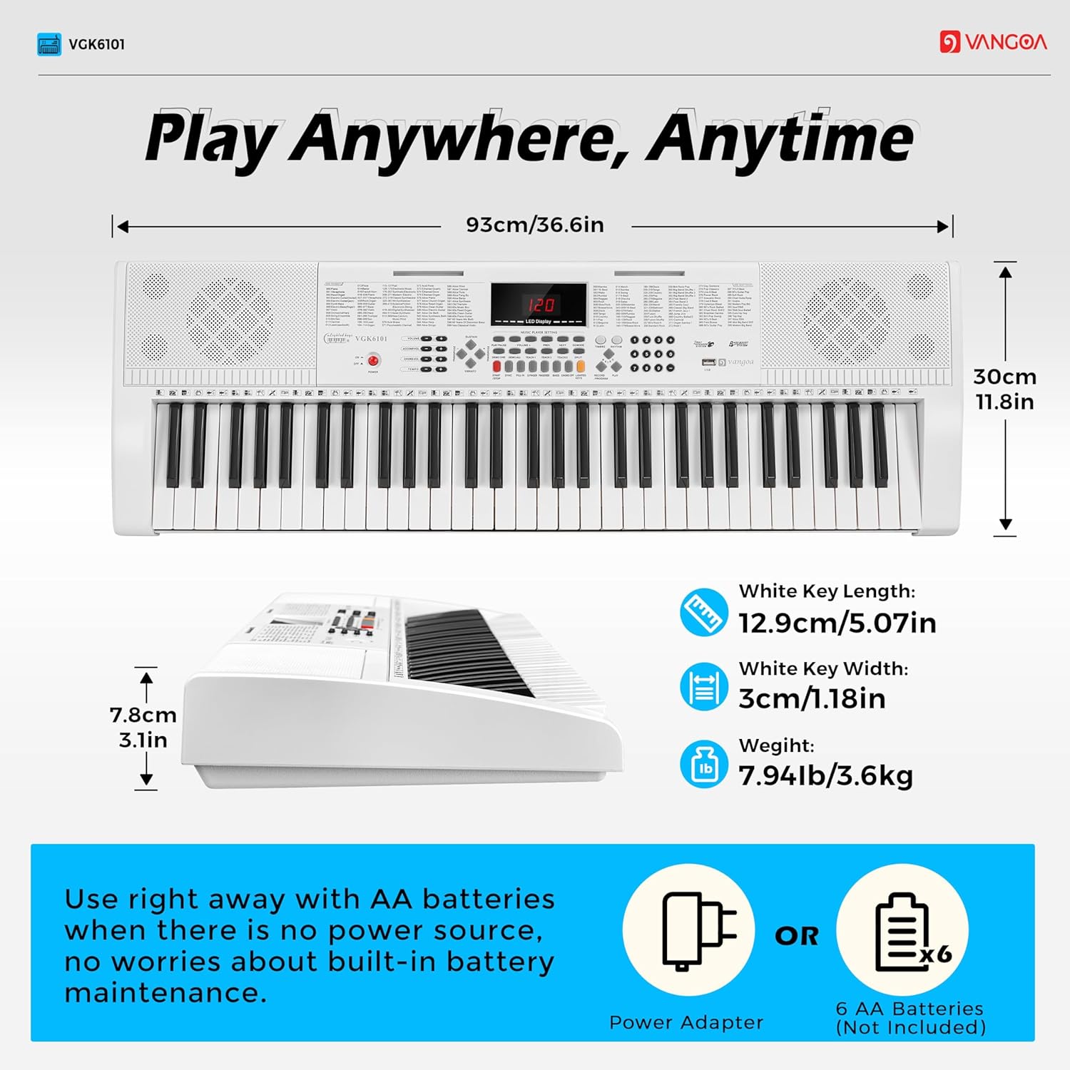 Vangoa Keyboard Piano 61 Key, Full Size Electric Piano Keyboard Light UP Keys with 3 Teaching Modes, Learning Music Keyboard Piano with Stand Headphones for Beginners Students, VGK6101 White