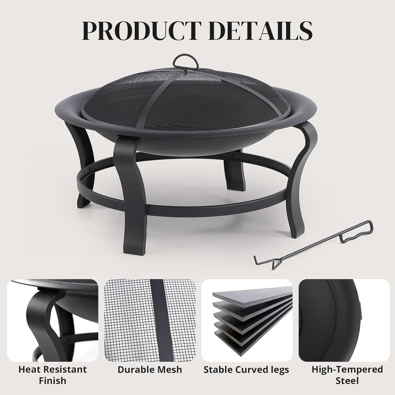 30 inch Steel Fire Pit Set, Wood Burning Pit - Includes Screen, Cover and Log Poker - Great for Outdoor and Patio, 30