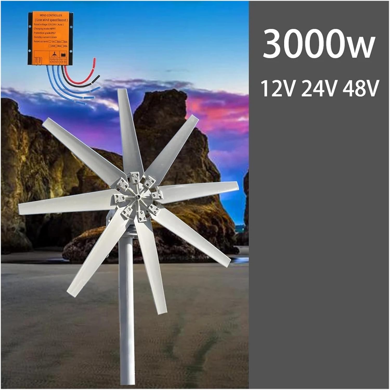 3000W 5000W Wind Turbine Generators Kit Horizontal Axis Wind Turbine 48V/24V Alternative Energy Generator AC Output Household Farm Complete Kit Low Starting Speed for Home(Red Blades,24V_3000W)