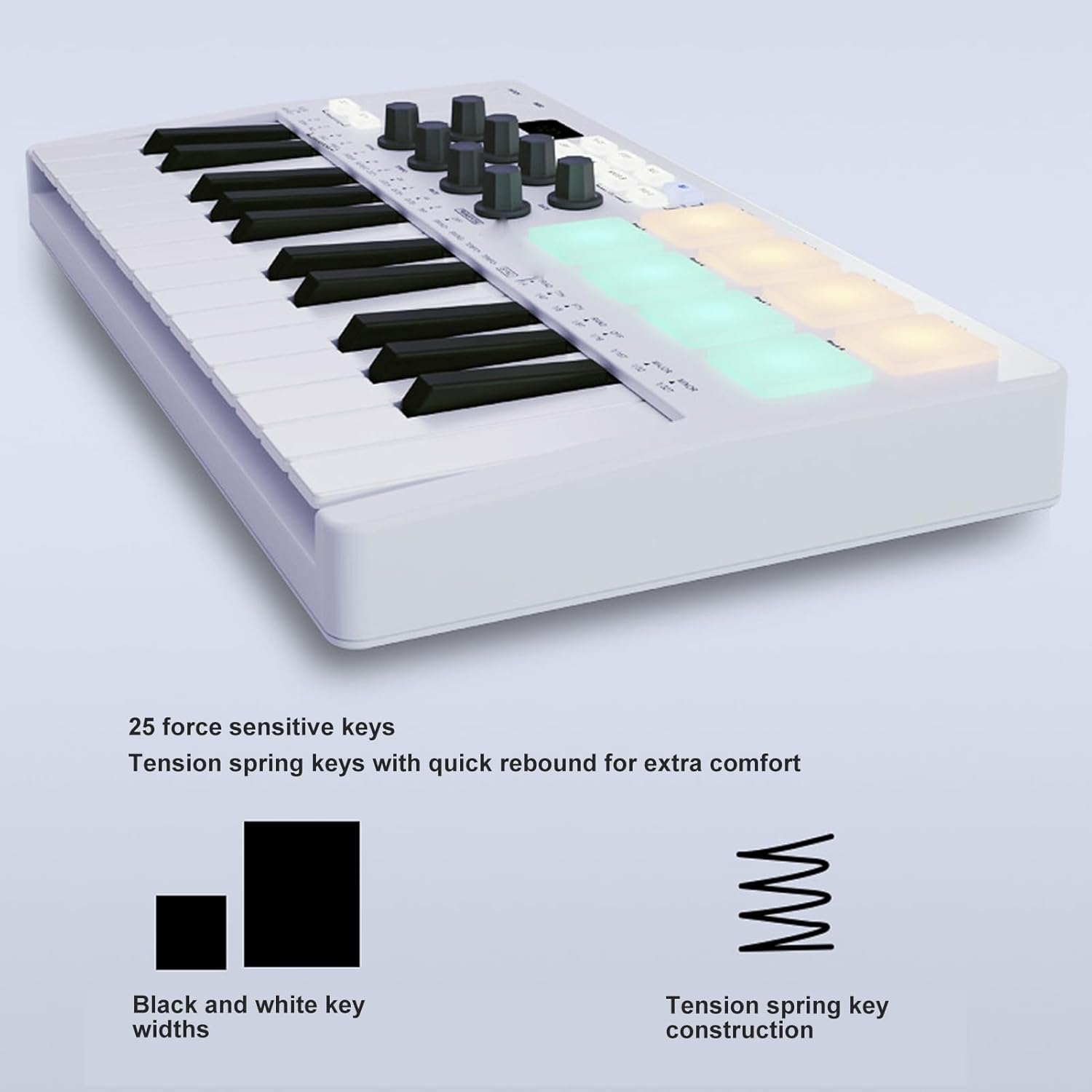 MIDI Controller, 25 Key BT USB MIDI Keyboard Controller with 8 Beat Pads 8 Backlit Drum Pads 8 Assignable Knobs Music Production Software