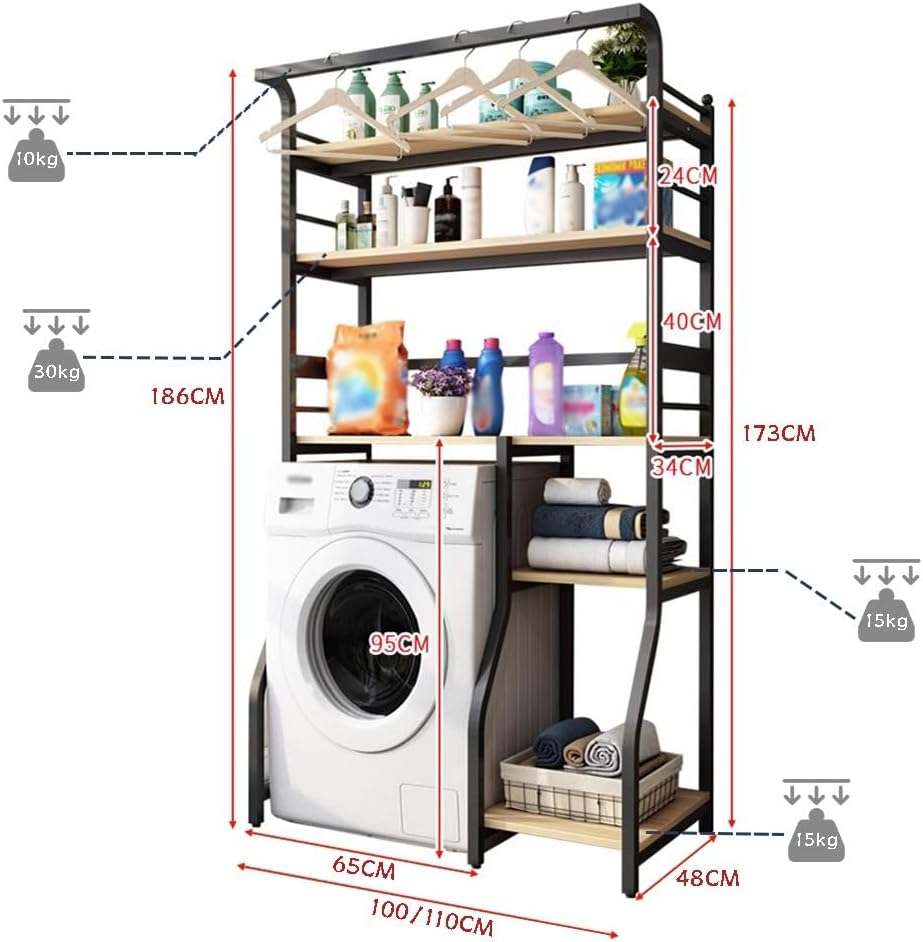 5 Tier Drum Washing Machine Storage Rack With Hanger Rail For Laundry Room Multi Functional Over The Washer And Dryer Cabinet With Metal Frames(E-100Cm)