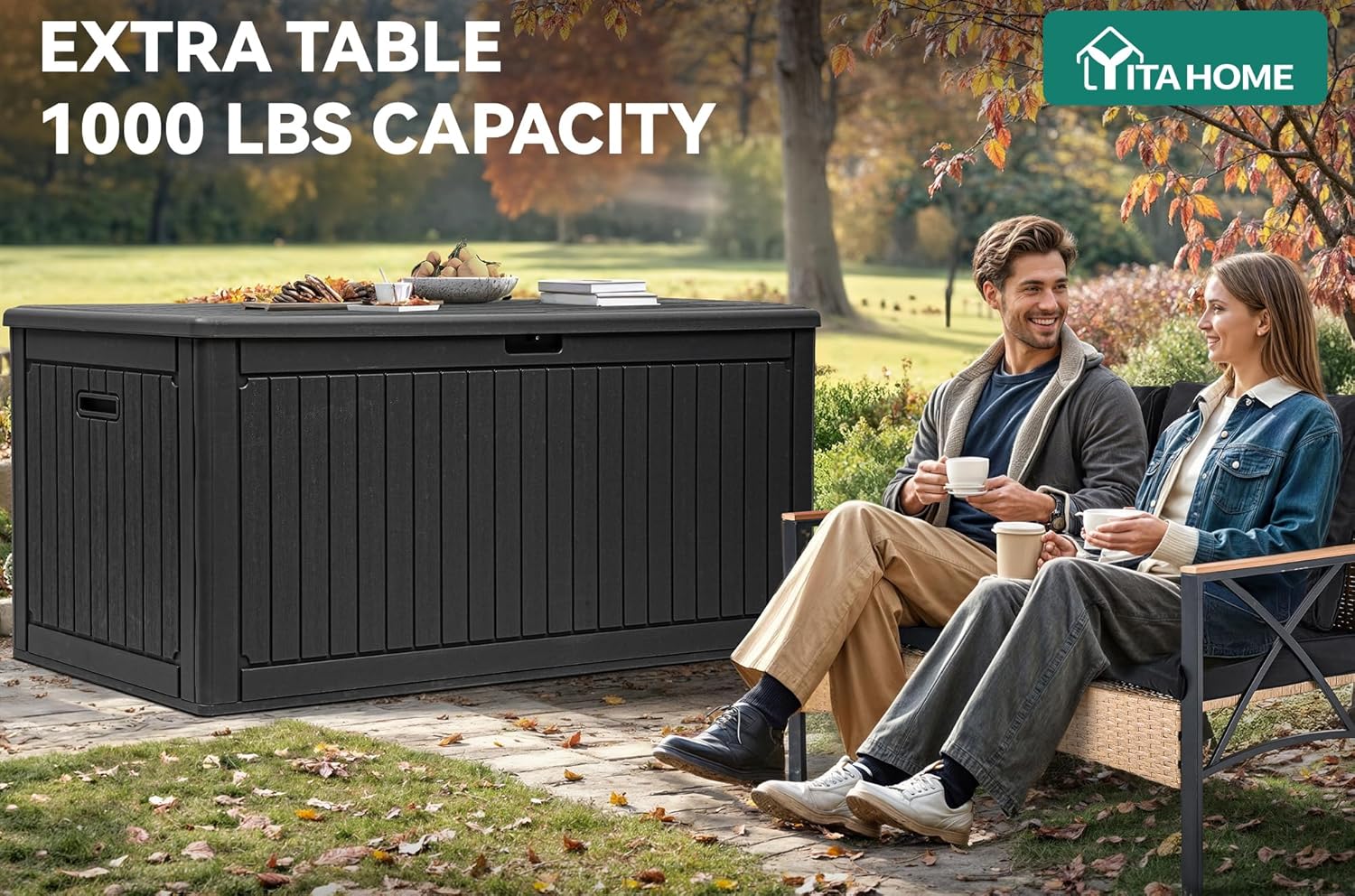 YITAHOME 260 Gallon Double-Wall Deck Box with Divider & Side Handles, Outdoor Large Storage for Patio Furniture Cushions, Garden Pool Accessories, Water Resistant & Lockable