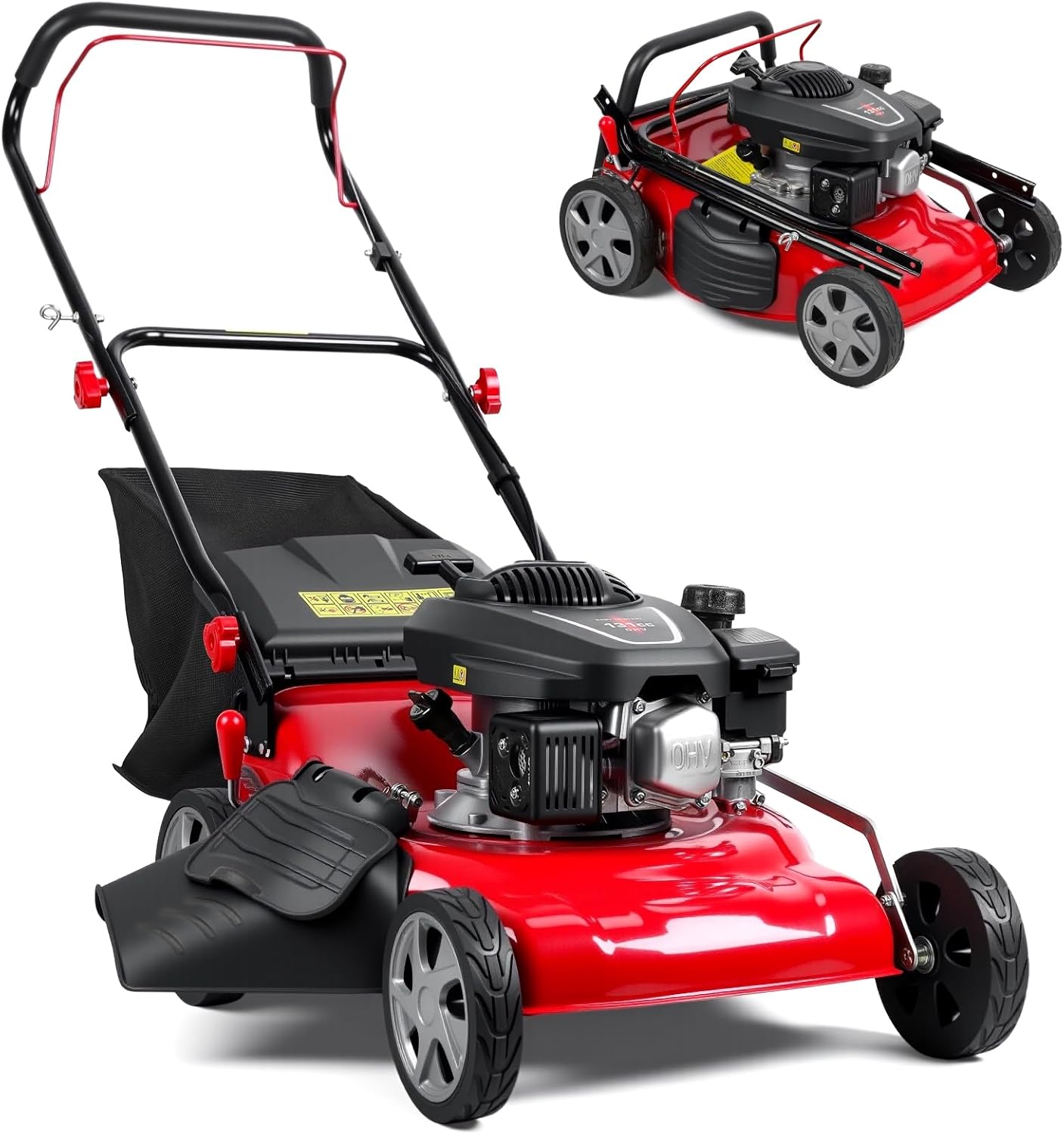 3 in 1 Gas Lawn Mower, Self Propelled Lawnmower, 131cc 4-Cycle Push Lawn Mower with 50L Grass Tank, Bagging, Mulching, and Side Discharge, 8-Position Lever Height Adjustment (Red 1)