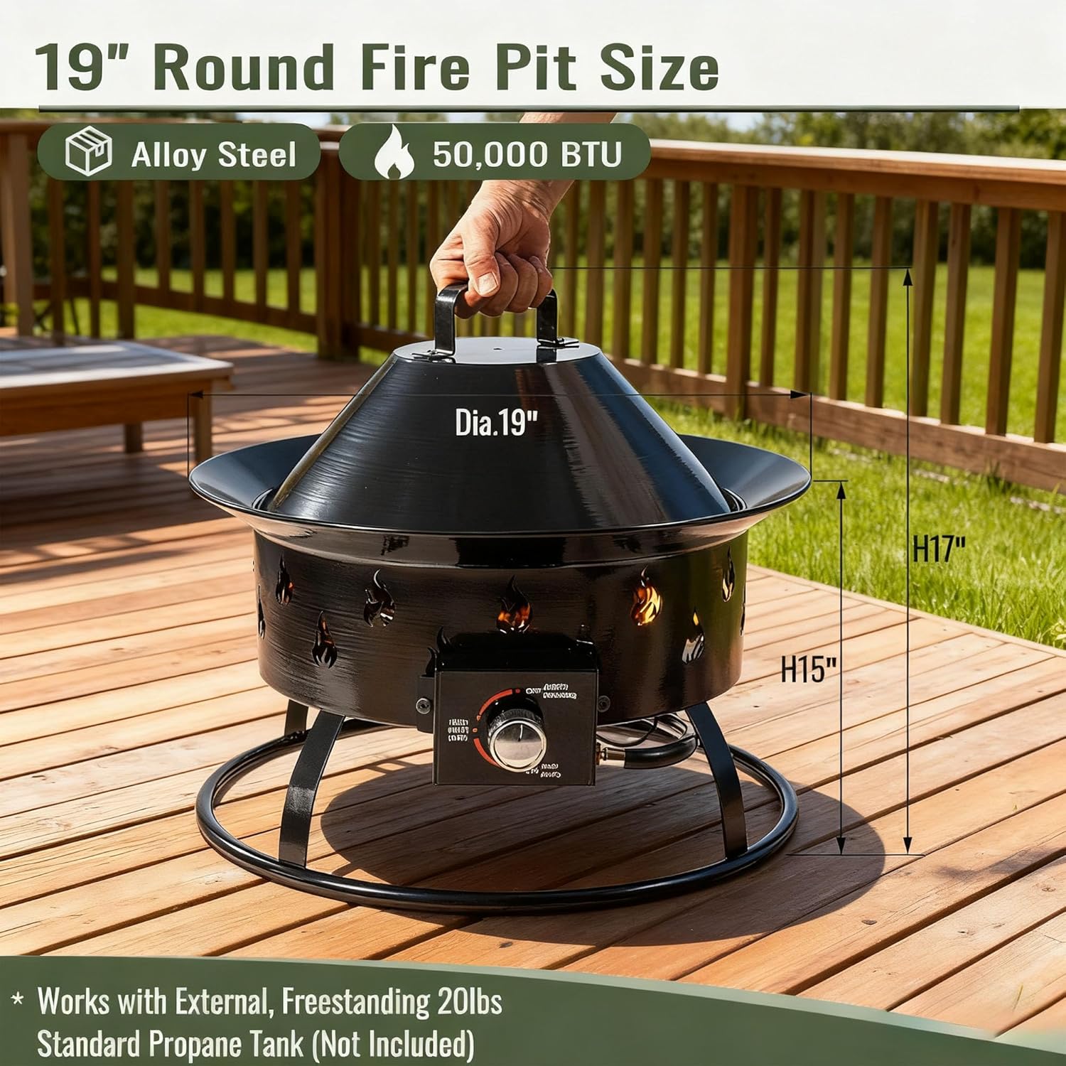 High Output Portable 19 Inch 50000 BTU Propane Fire Pit Smokeless Outdoor Gas Burner with Cover for Backyard Patio and Camping Adventures Black