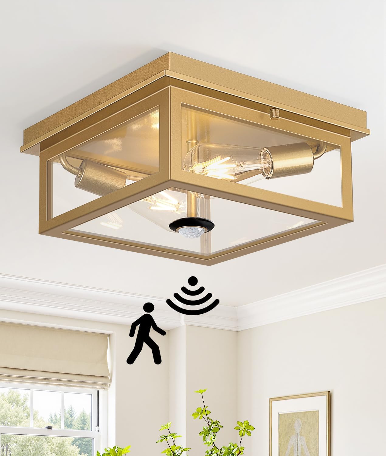 Lynnoland Motion Sensor Outdoor Ceiling Light with Remote, 12.2 Inch Gold Flush Mount Porch Light Fixture with United Glass Cover, 5 Modes Outside Flush Mount Light for Porch, Garage, Patio, Entryway