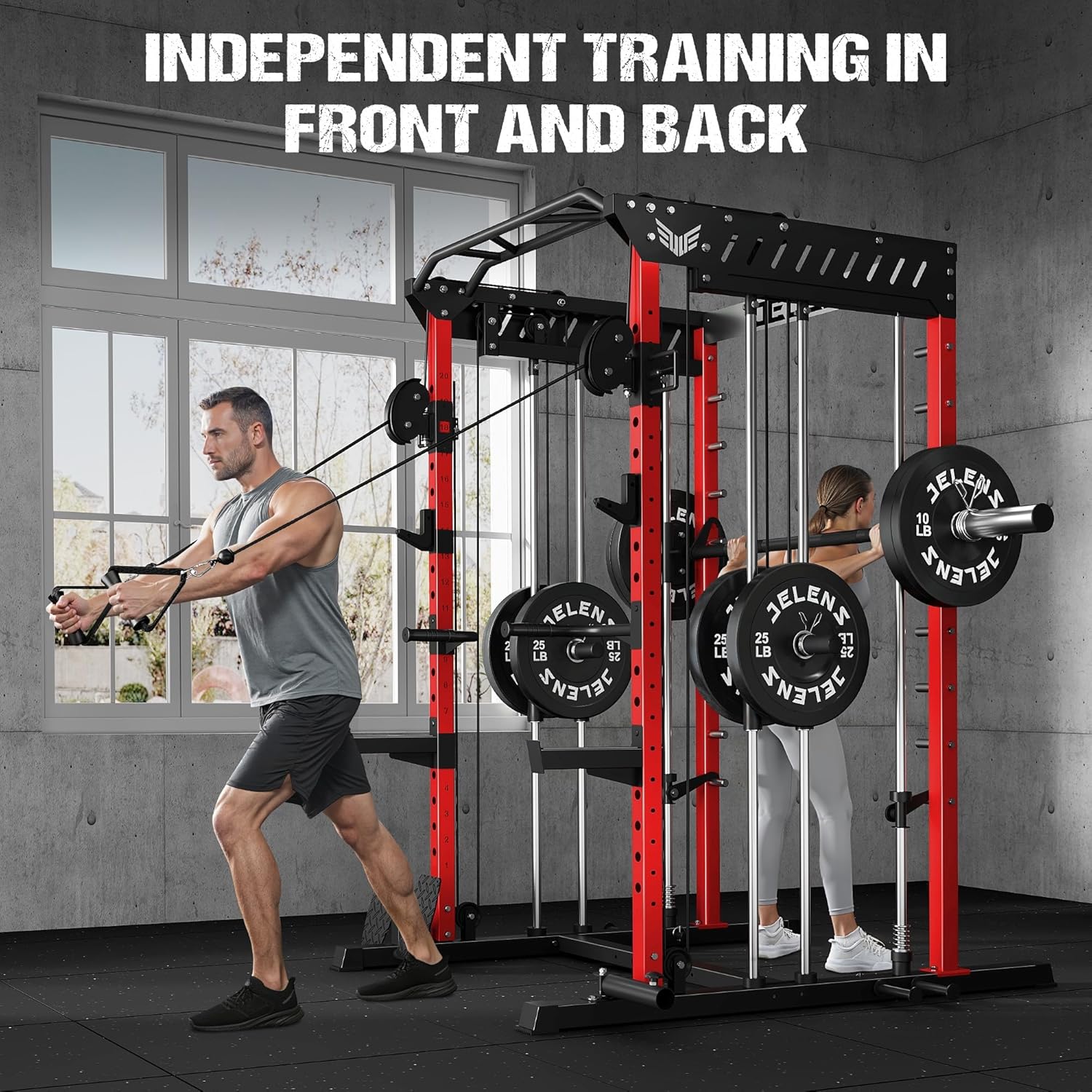 M21 Smith Machine, Multi-Function Power Cage with Dual Pulley Cable Crossover System, 2000LBS All-in-One Squat Rack with Smith Bar and Attachments for Home Gym Strength Training
