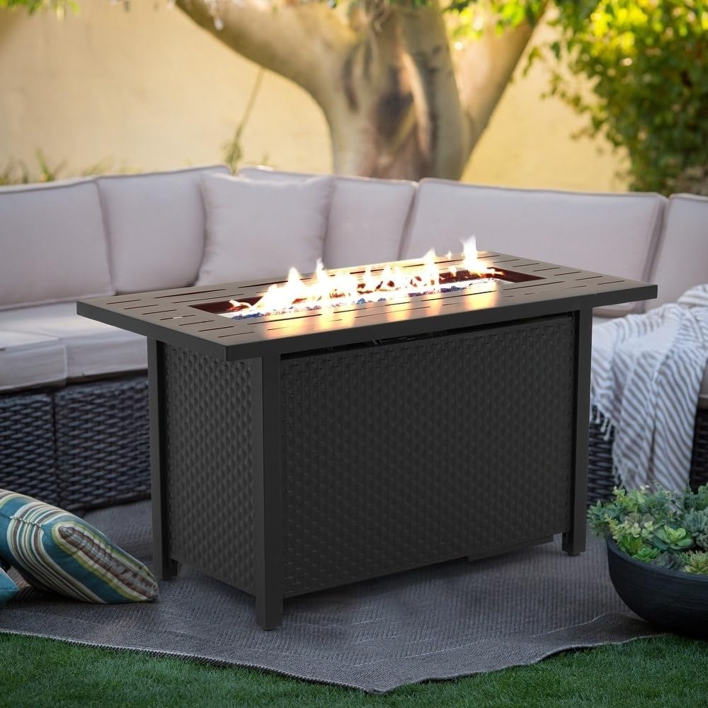 Outdoor Btu Rectangular 45â€ Propane Fire Pit Table with Glass Wind Guard for Patio Deck Backyard Black Rectangle Abs Oak Finish