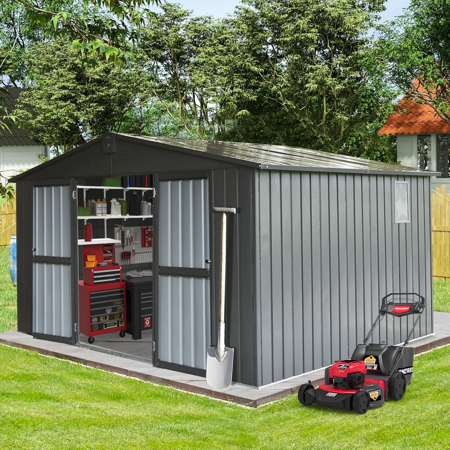 Domi Outdoor Storage Shed 11x9 FT, Metal Tool Sheds Storage House with Lockable Double Door,Large Bike Shed Waterproof for Garden, Backyard, Lawn, Gray