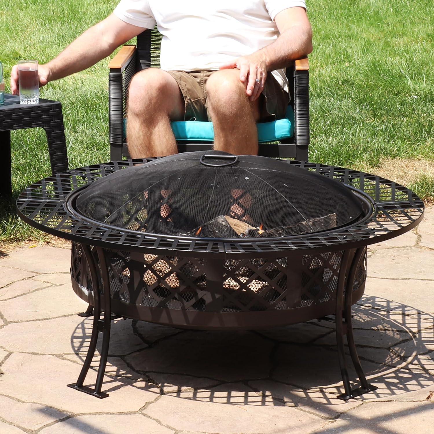Sunnydaze 40-Inch Round Steel Fire Pit Table with Durable Spark Screen and Poker - Portable Design - Black - Diamond Weave