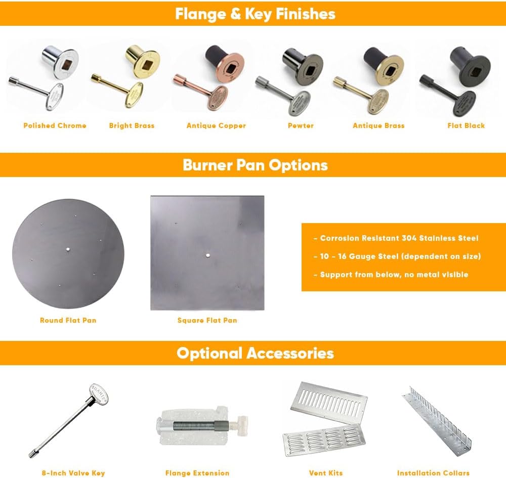 HPC Penta Match Lit Fire Pit Burner Kit with 12-Inch Stainless Steel Burner and 18-Inch Square Flat Pan, Propane, Polished Chrome, with Flange, Key, Valve, Flex Line and Fittings