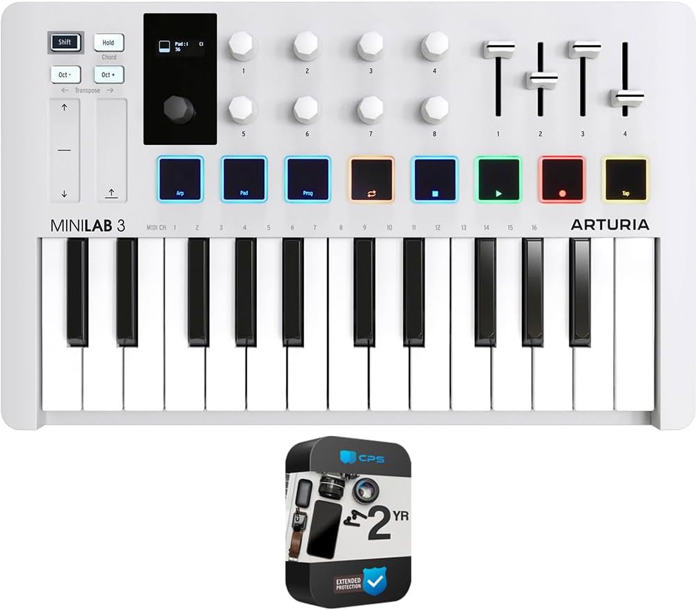 Arturia 231501 MiniLab 3 25-Key MIDI Controller Keyboard White Bundle with CPS Exclusive 26 Month Protection Pack (BEACH-CPS-26M500ATV)