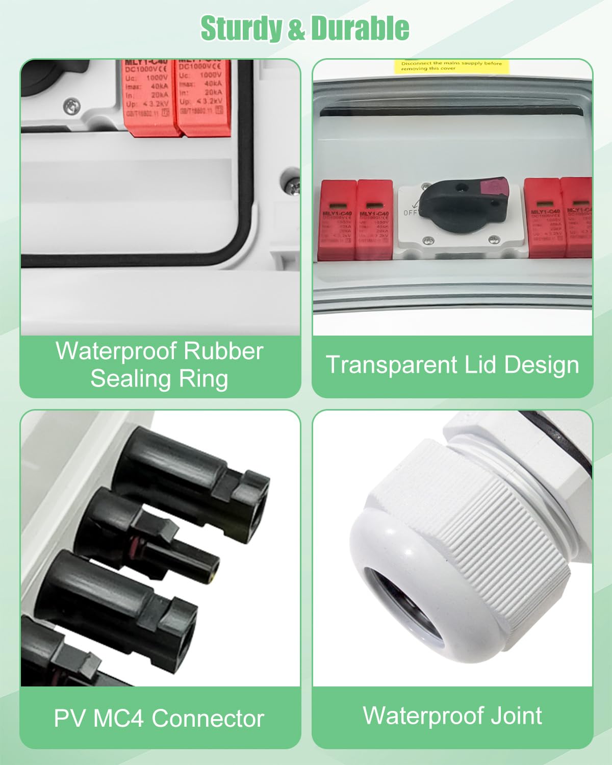 32 Amp 2 Strings Solar Disconnect Switch with DC1000V Lightning Surge Protector Arrester and IP65 Waterproof, 2 in 2 Out Solar PV Combiner Breaker Box for Outdoor Solar Panel System