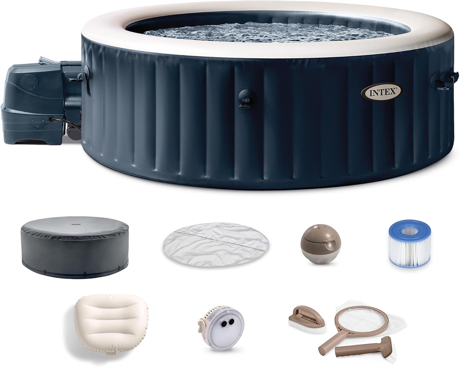 Intex 28429EP PureSpa Plus Portable Inflatable Hot Tub Bubble Jet Spa, 77 x 28 and PureSpa Hot Tub Maintenance Kit with Brush, Skimmer and Scrubber