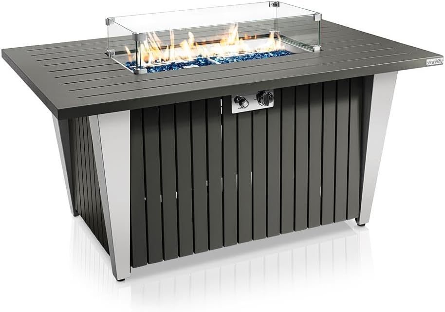 SereneLife Outdoor Propane Fire Pit Table - CSA/ETL Certified 50,000 BTU Pulse Ignition Weatherproof Rectangle Propane Gas Fire Table w/Adjustable Flame - Glass Rocks Wind Guard, Black SLFPSX55