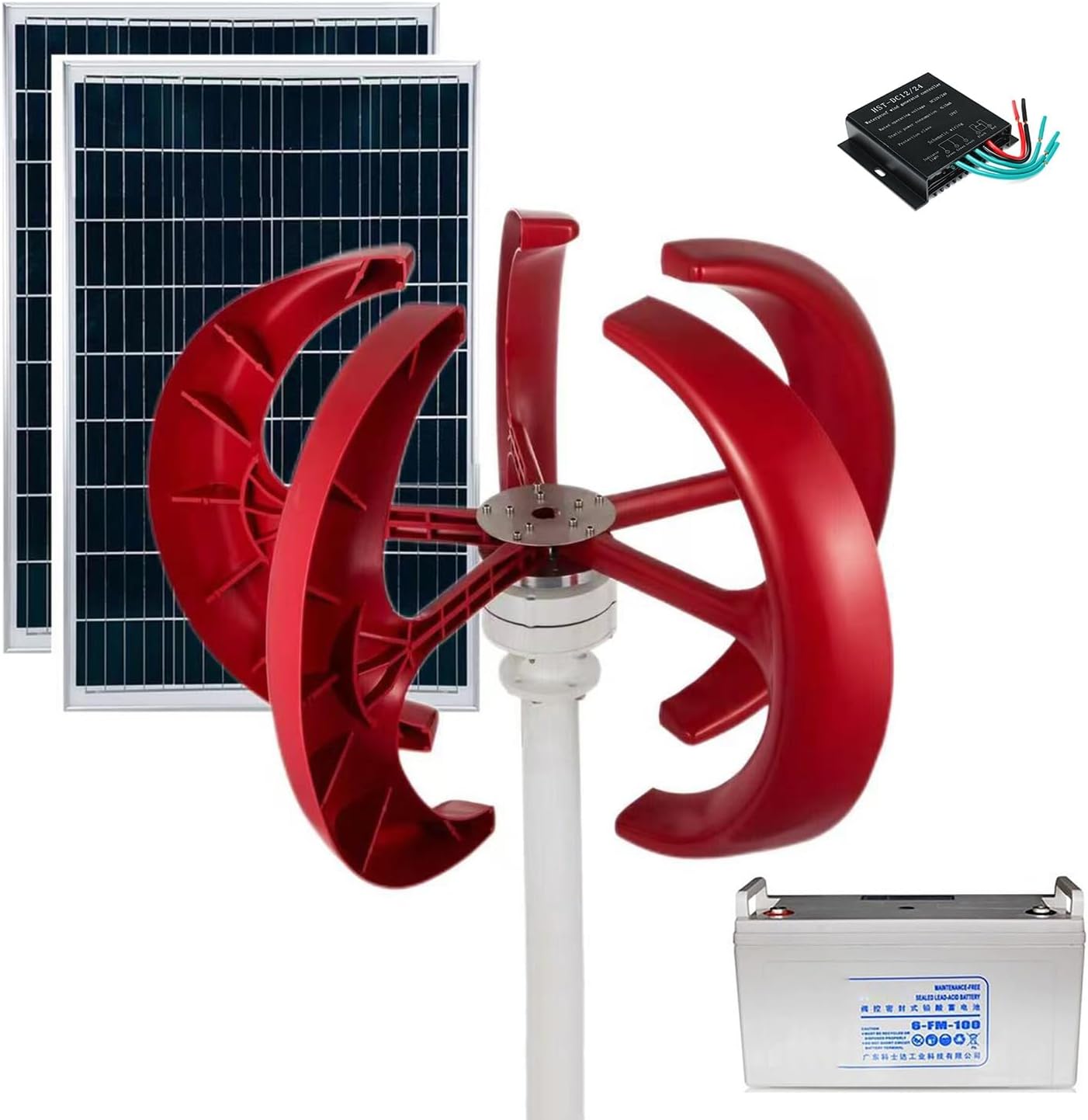2000W 5-blade Lantern Wind Turbine 12V/24V Vertical Axis Wind Turbine Kit With Controller + 100W*2 Solar Panels + Battery (Color : 12V)