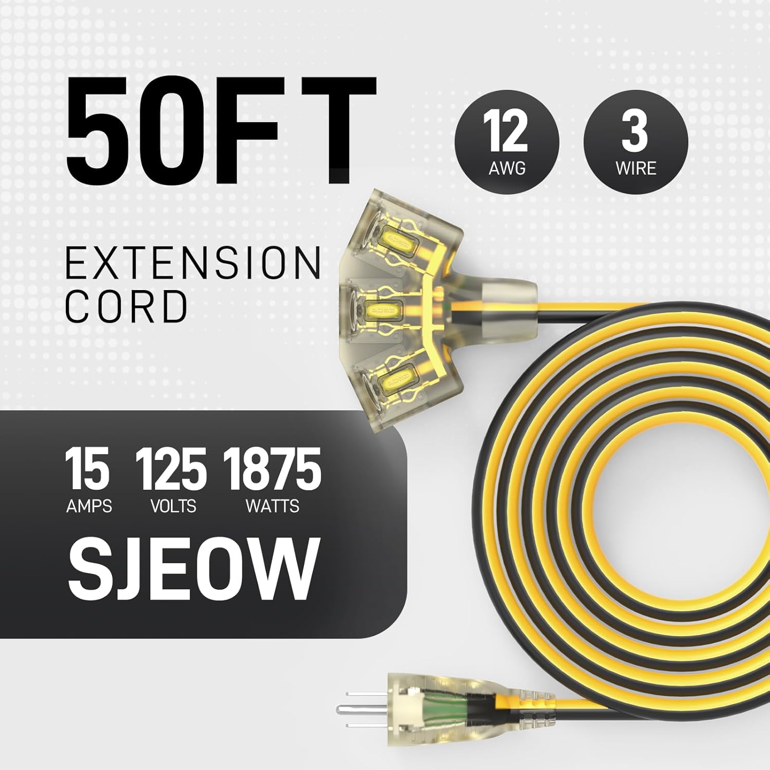50FT Outdoor Extension Cord with Multiple Outlets, 12/3 Gauge Heavy Duty, 15A 1875W, 3 Prong with LED Light & Locking Plug, Weather Resistant, ETL Certified for Lawn Mower, Tools, Christmas Lights