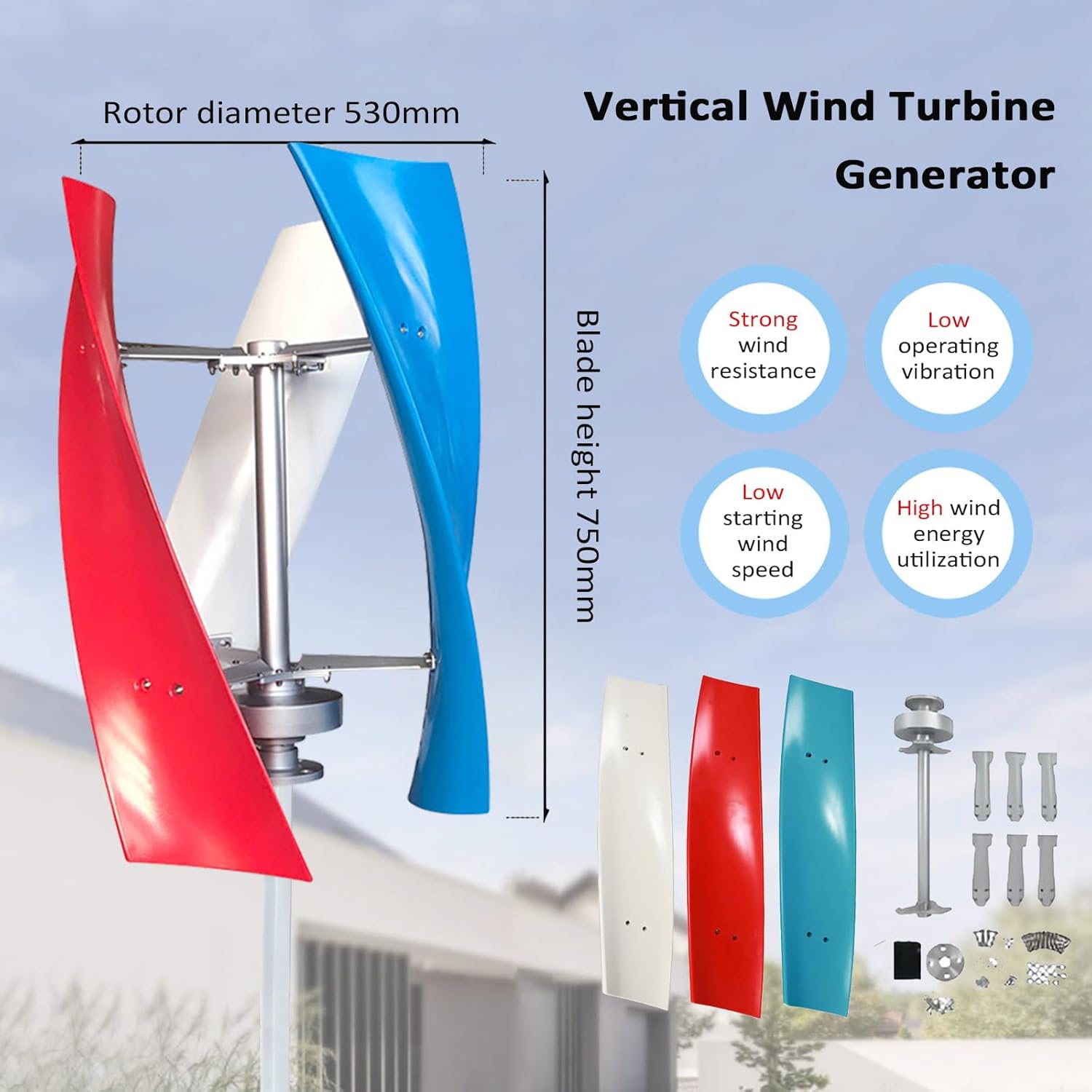 Wind Turbine Generators Kit, 12/24V 6000W 3 Blade Vertical Wind Turbine Generator with Controller, for Boats, Gazebos, Houses, Businesses, Industry,Multi-24V