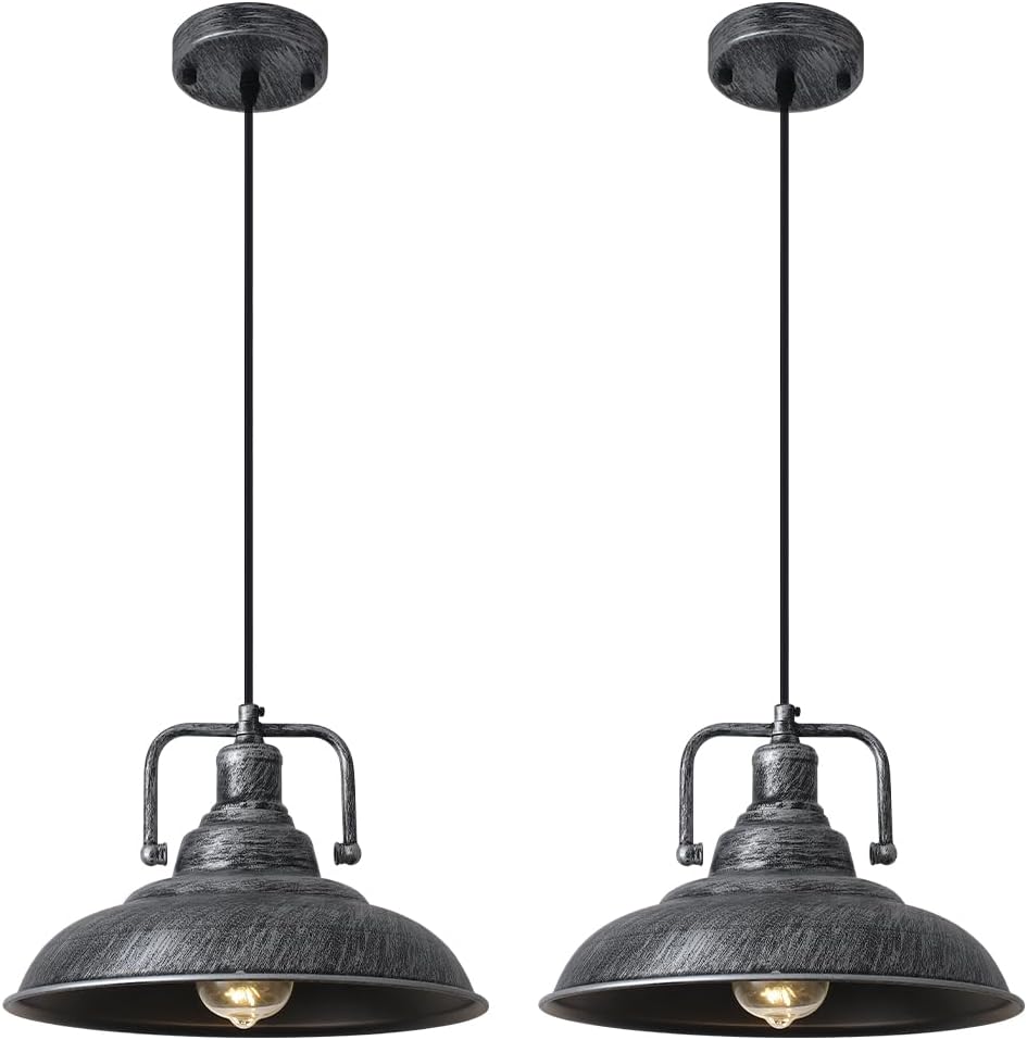 Black and Silver Pendant Light 12 Inch, Farmhouse Pendant Lights Kitchen Island Adjustable Height Industrial Pendant Light for Dining Room Cafe Bar, 2 Pack