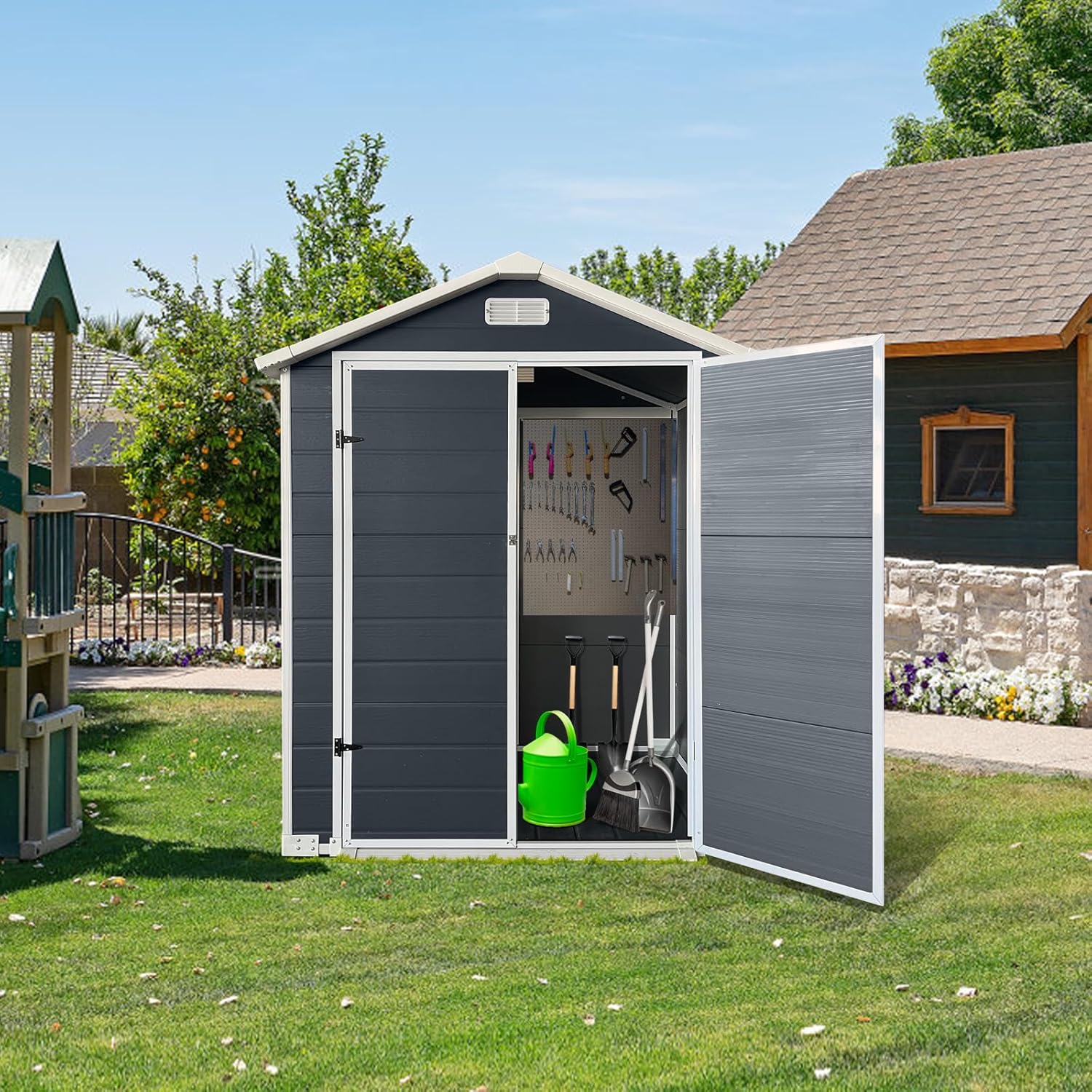 6x4 FT Storage Shed,Plastic Outdoor Storage Shed with Floor and Lockable Door,Waterproof Garden Shed W/Windows & Vents,Sloped Roof,Tool House for Storing Bicycles,Lawnmowers,Cold Grey