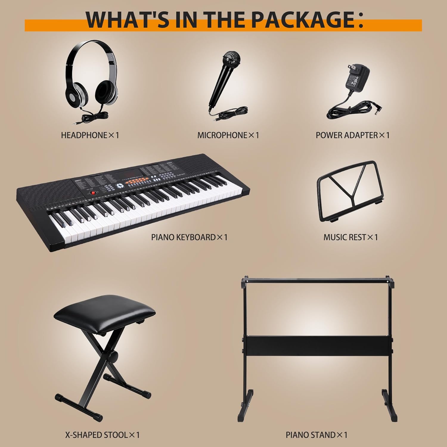 Smartxchoices 61-Key Electronic Keyboard Piano Stand Portable LED Display Keyboard Kit with Adjustable Stand, Adjustable Stool, Headphones, Microphone & Music Rest