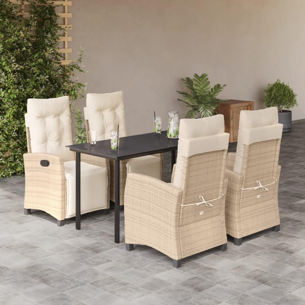 5 Piece Patio Dining Set with Cushions Beige Poly Rattan,Adjustable Rattan Garden Dining Set with Reclining Chairs and Tempered Glass Table for Patio and Backyard Furniture Sets for Patio, Lawn & Gard