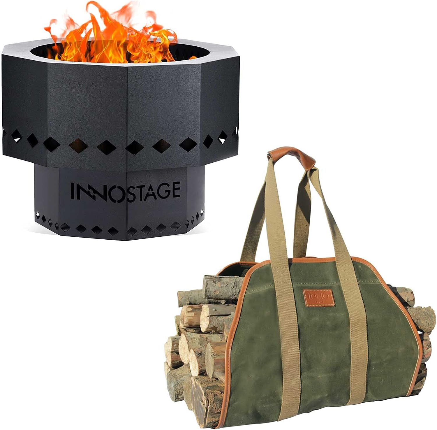 Waxed Canvas Log Carrier Tote Bag and Patented Smokeless Fire Bowl Pit