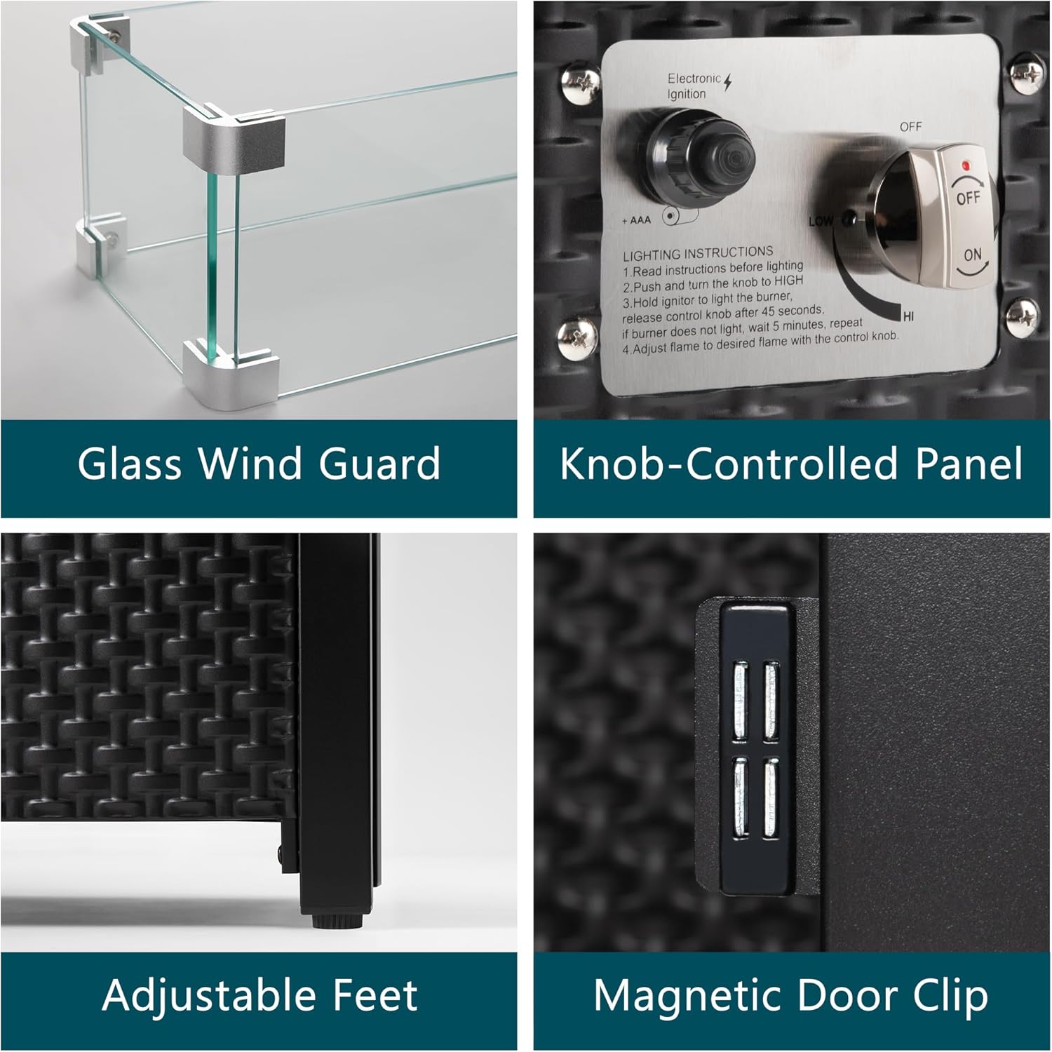 45 Inch Outdoor Propane Fire Pit Table with 200D Oxford Fabric Table Cover，50,000 BTU Gas Fire Pits for Outside Patio with Clear Blue Glass Wind Guard,Patio Fire Pit Table Iron Tabletop&Frame，Black