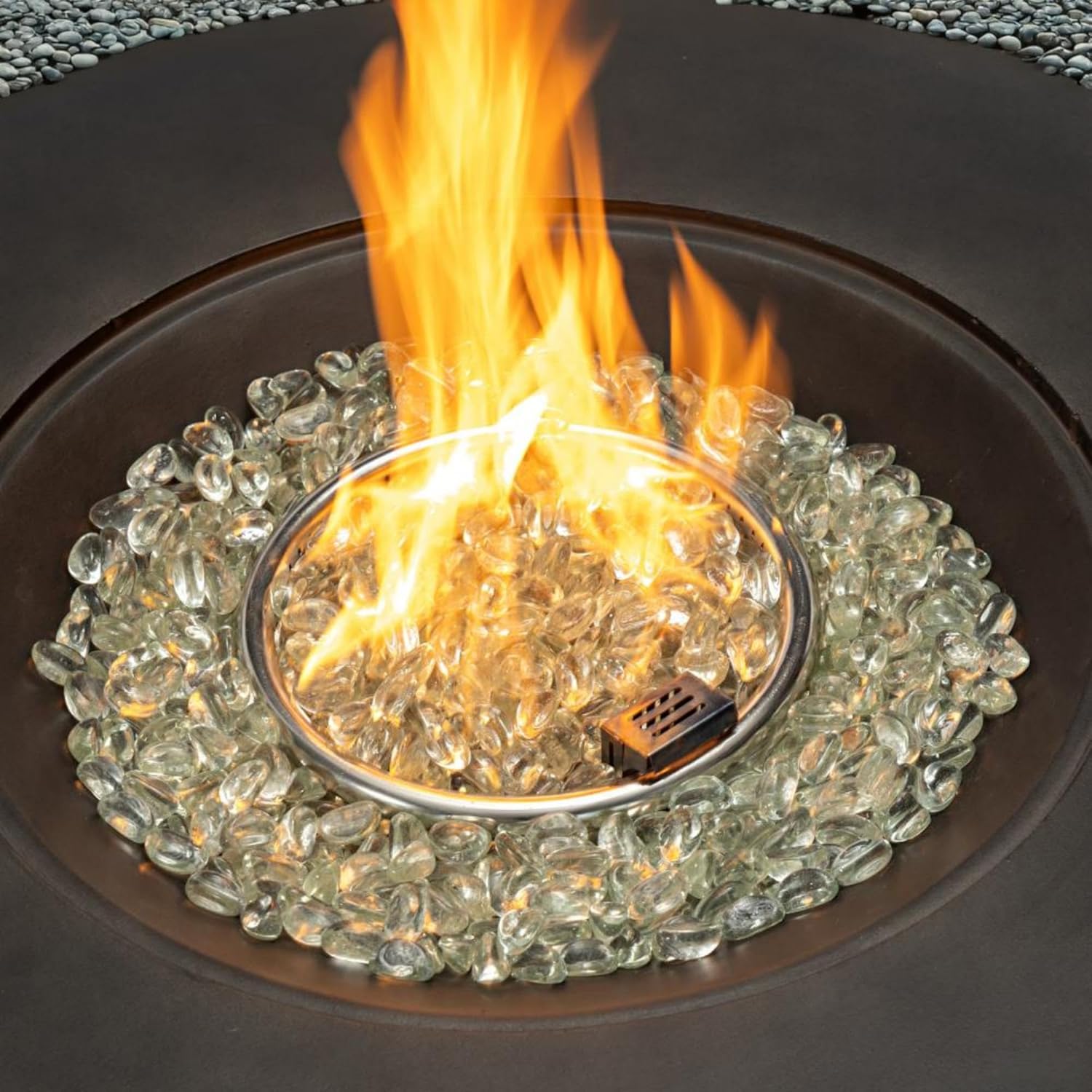 36-Inch Round Propane Fire Pit Table, 50,000 BTU, Stone-Look Base with Metal Top, Hidden Tank Storage