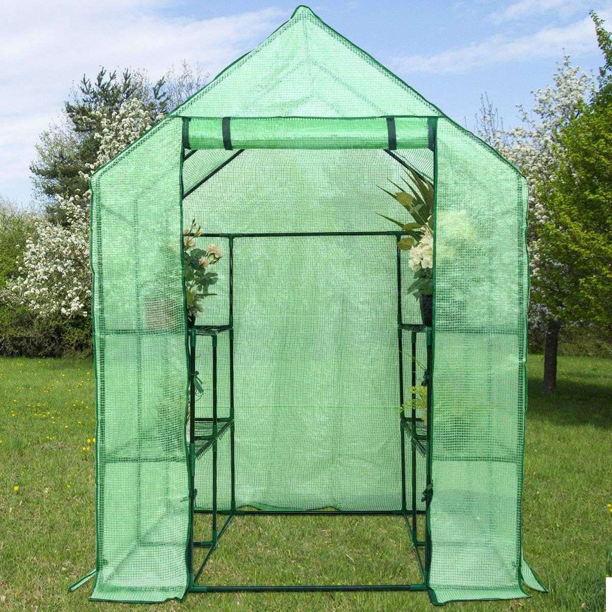 Goplus Greenhouse Indoor Outdoor Walk in Plant Gardening Green House 2 Tier 8 Shelves for Garden Patio Backyard, 4.8’ x 4.8’ x 6.4’