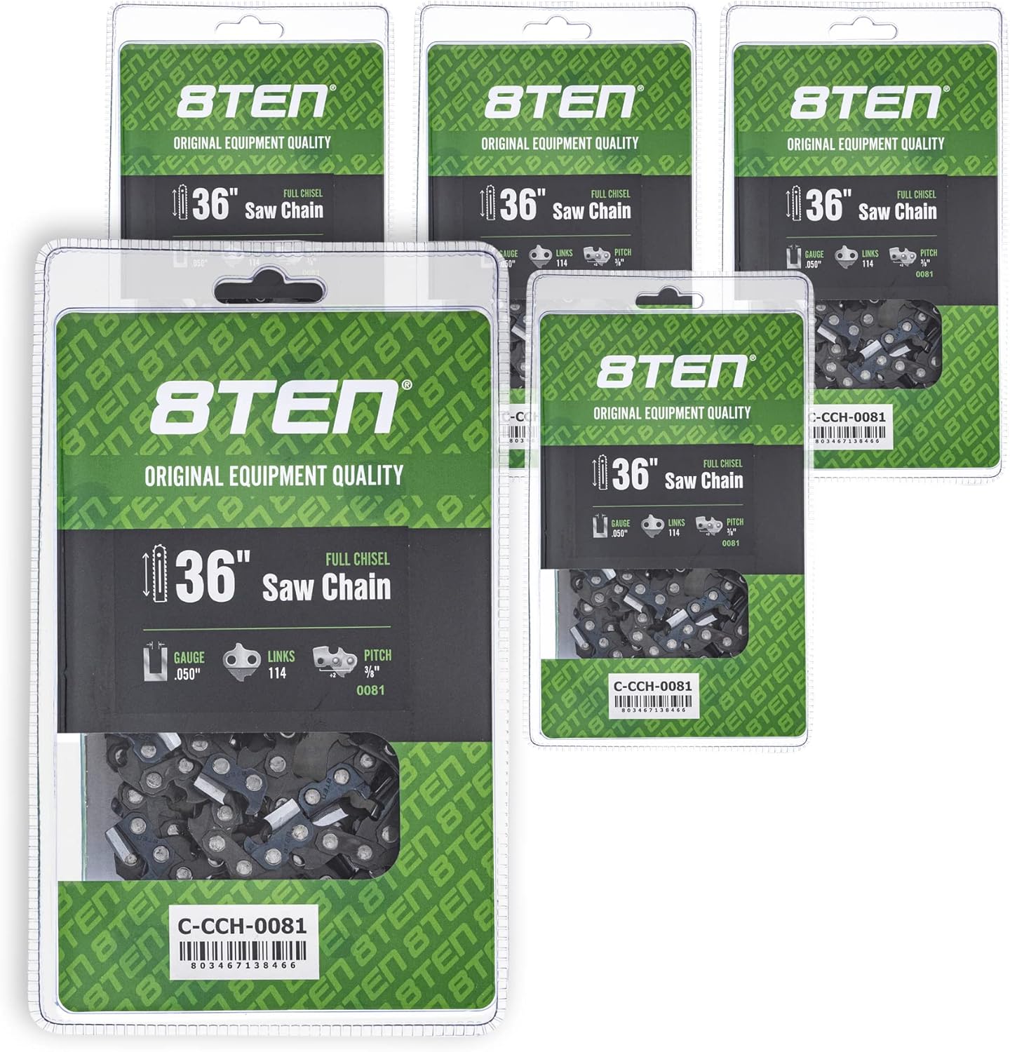 8TEN Full Chisel Chainsaw Chain 36 Inch .050 3/8 114DL for Stihl MS 390 440 660 (5 Pack)