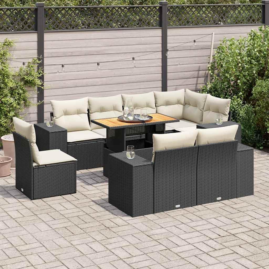 Large Modular Garden Sofa Set, Black PE Rattan Outdoor Patio Furniture, 9-Piece Sectional Dining Table Set for Balcony, Weather-Resistant