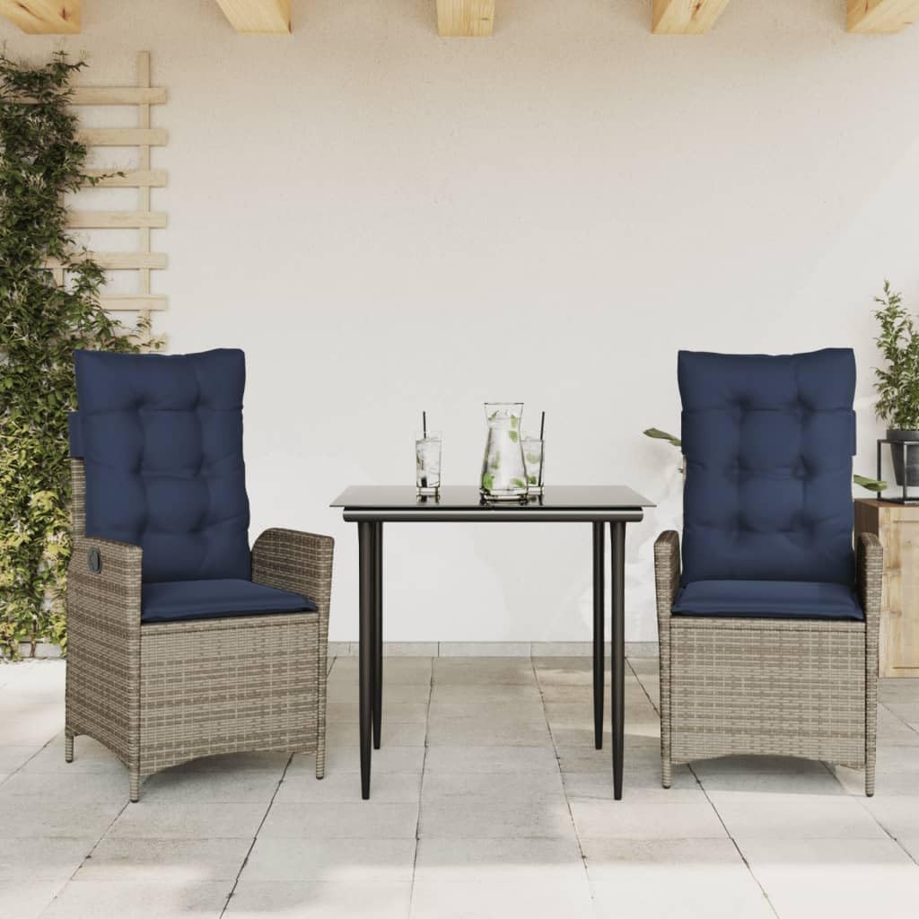 Patio Set 3 Piece Patio Dining Set with Cushions Gray Poly Rattan