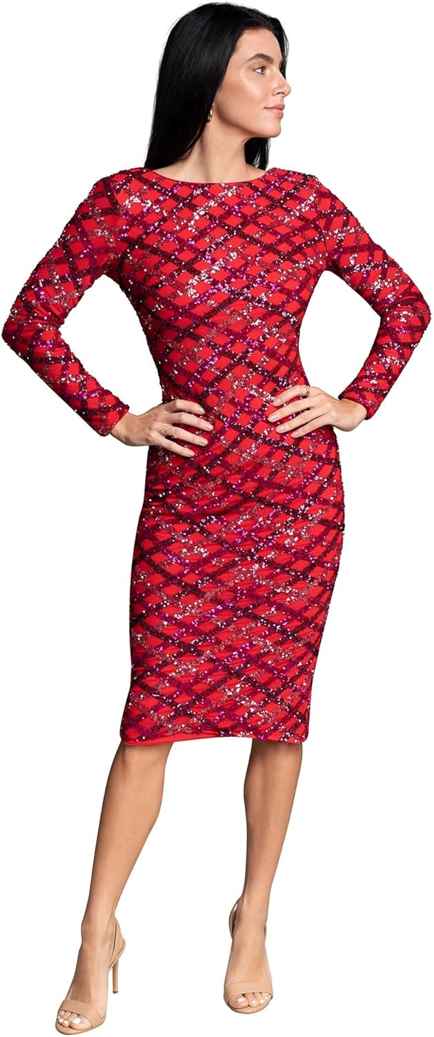 Dress The Population Womens Emery Long Sleeve Stretch Sequin Midi Sheath Ddr147