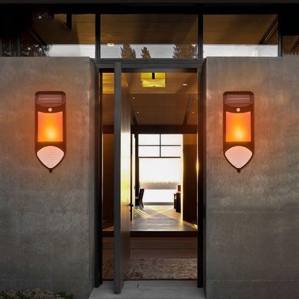 2-Pack Solar Wall Light Outdoor Decorative Flame Lamp Wall Sconce Dusk to Dawn, Waterproof LED Light Lantern Fixture for Porch, Deck, Fence, Patio, Front Door, Stair,