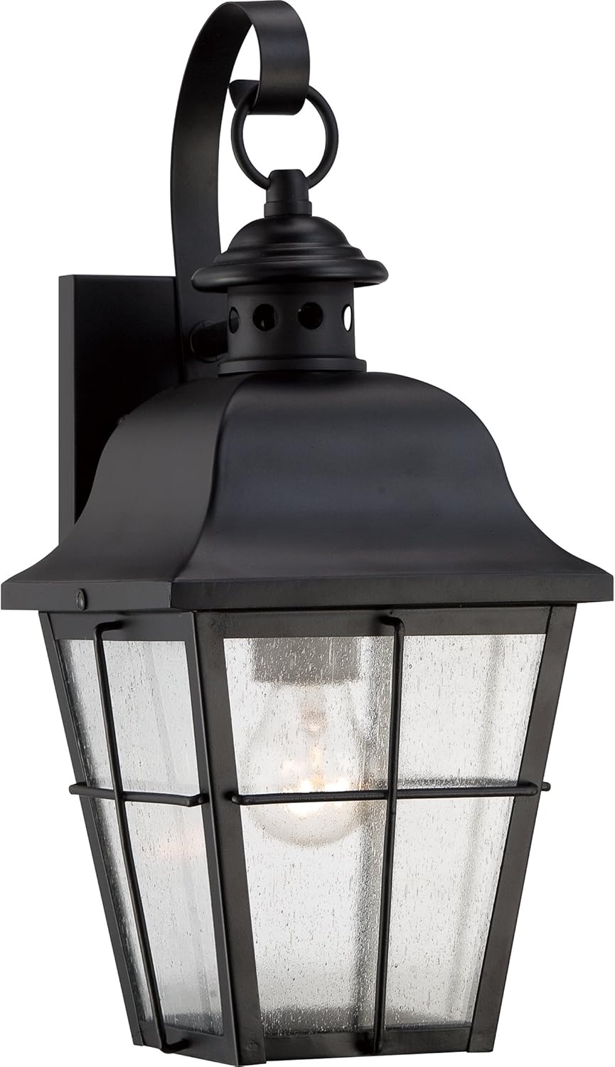 Quoizel Millhouse Outdoor Wall Lantern, 15.5 Inch, 1-Light Mystic Black Traditional Wall Sconce, Clear Seeded Glass, 100W, Exterior Wall Lantern Fixture, Outside Lights for Patio, Porch, or Garage